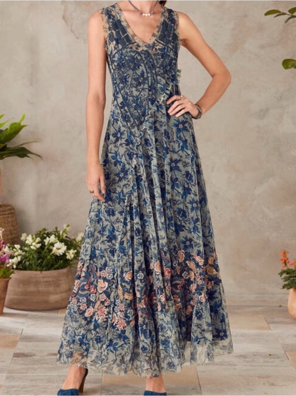 NWOT Johnny Was Biya Mesh Dress Floral Embroidered Maxi Dress Size XS